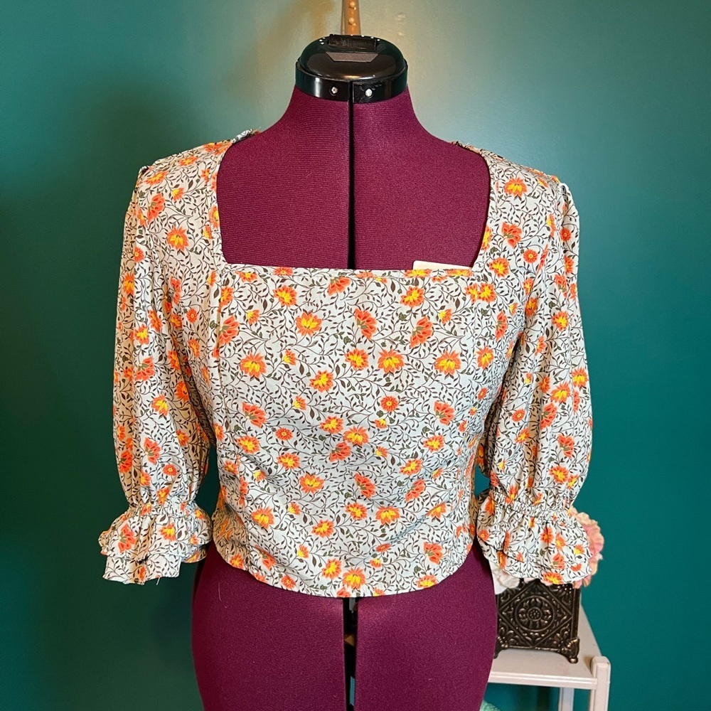 Sienna Sky Orange and Pale Green Puff Sleeve Blouse